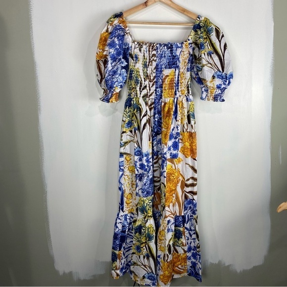 INC BOHO Phoebe Patch Printed Smocked Tiered Puff Sleeve Flowy Maxi Dress Medium - Picture 5 of 11